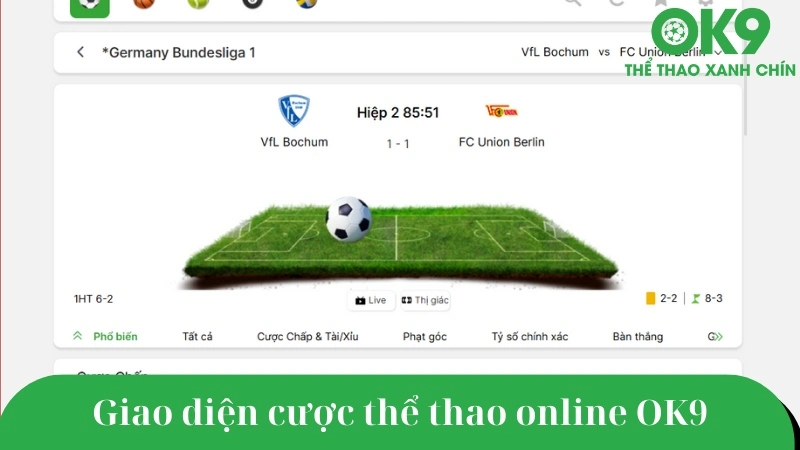 Giao diện chính của nền tảng cá cược thể thao OK9 trực tuyến.