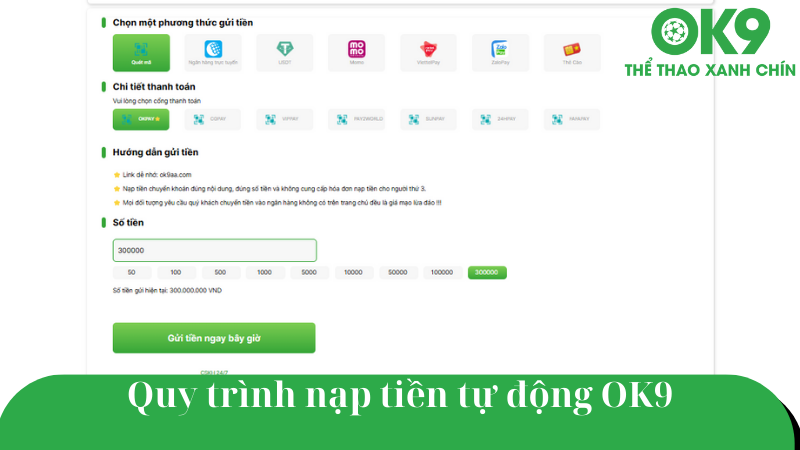 Hướng dẫn nạp tiền OK9 chỉ trong 1-2 phút.